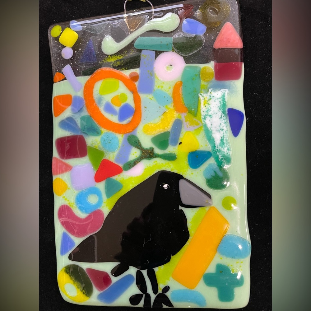“Crow Joy”Fused Art Glass  Hanging Plaque 9”x6” Handmade Original